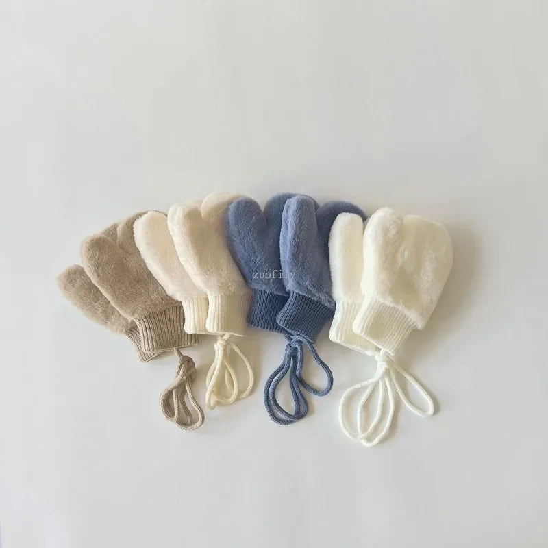 1-4Y Baby Cartoon Bear Label Mittens Winter Warm Kids Girls Gloves Soft Fur Children Toddler Thick Child Fleece Cartoon Mittens