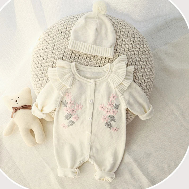 0-24M Baby Girl Rompers Knitted Kids New Spring Autumn Girl Embroidery Flower Rompers + Hat Baby Girl Newborn Rompers Clothes