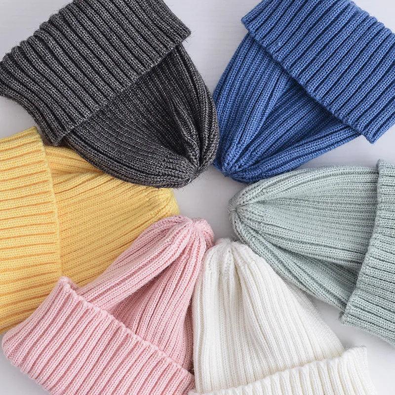 Winter Knitted Baby Hat Solid Color Woolen Beanie Cap for Infant Korean Solid Color Warm Kids Girls Boys Crochet Hats