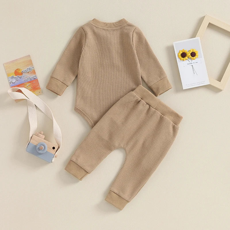 Pudcoco Infant Baby Girll Boy Waffle Jumpsuit Outfits Solid Color Long Sleeve Romper with Elastic Waist Pants 0-12M