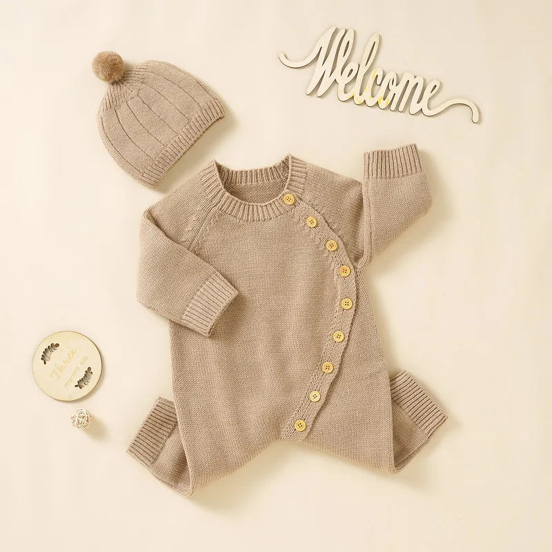New Born Baby Boy Girl Clothes Knit Jumpsuit Fall Winter 2023 Warm Long Sleeve Crew Neck Button Closure Solid Romper with Hat