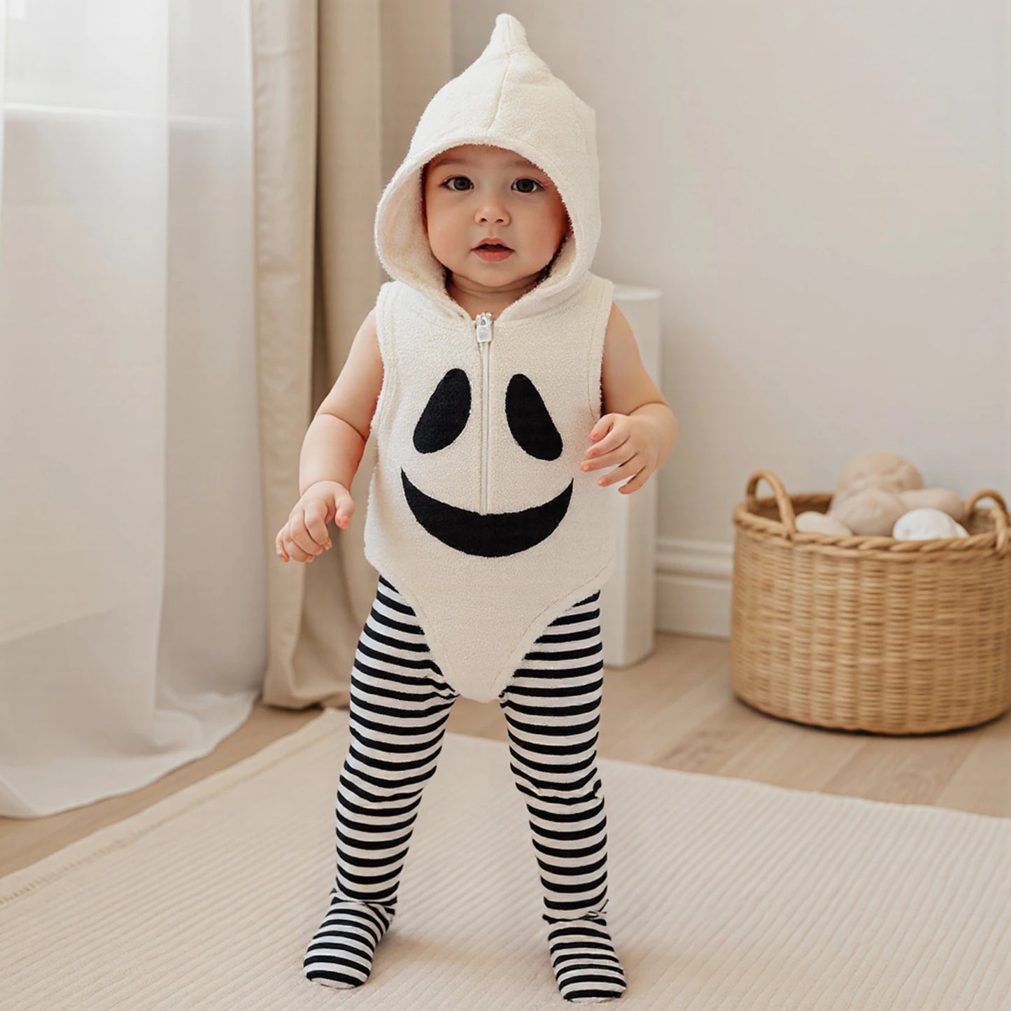 Baby Cosplay Costume Sleeveless Hooded Ghost Romper with Striped Stockings Halloween Clothes for Girls Boys