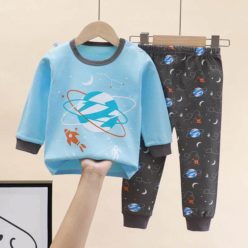 2024 New Kids Boys Girls Pajama Sets Cartoon Print Long Sleeve Cute T-Shirt Tops with Pants Toddler Baby Sleeping Clothing Sets