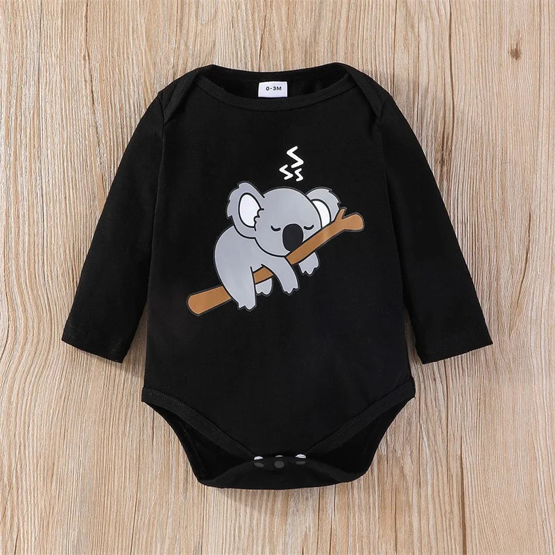 Pudcoco Infant Newborn Baby Boys Outfits Koala Long Sleeve Crew Neck Romper Elastic Waist Long Pants Hat 3Pcs Clothes Set 0-18M