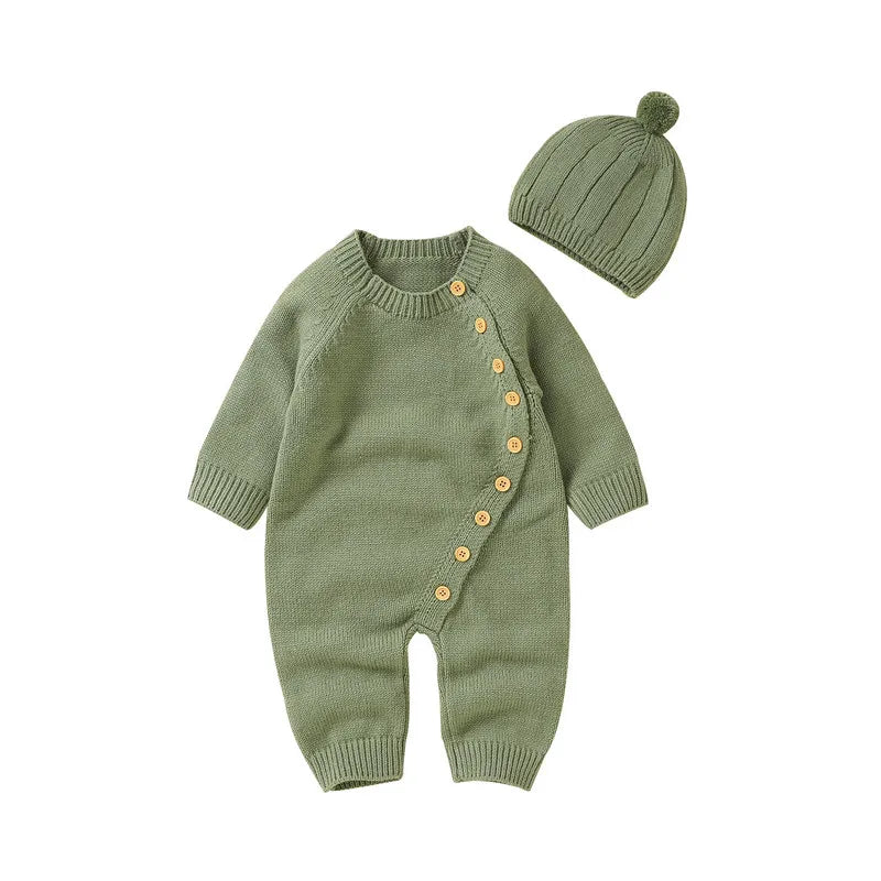 New Born Baby Boy Girl Clothes Knit Jumpsuit Fall Winter 2023 Warm Long Sleeve Crew Neck Button Closure Solid Romper with Hat