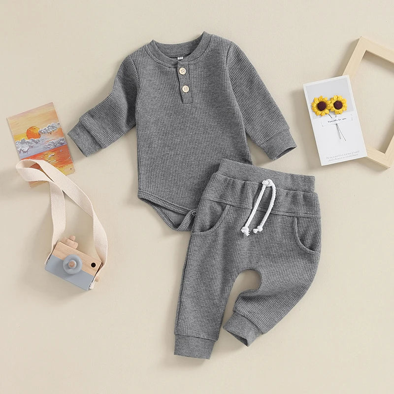 Pudcoco Infant Baby Girll Boy Waffle Jumpsuit Outfits Solid Color Long Sleeve Romper with Elastic Waist Pants 0-12M
