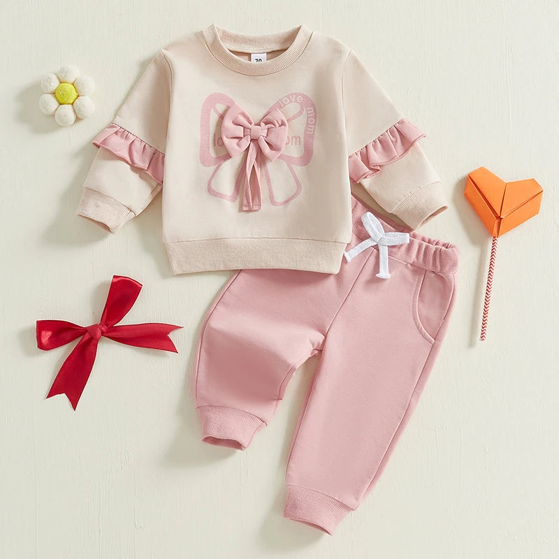 Pudcoco Baby Girls 2-piece Outfit, Long Sleeve Crew Neck Bow Sweatshirt with Elastic Waist Sweatpants Fall Clothes 0-3T