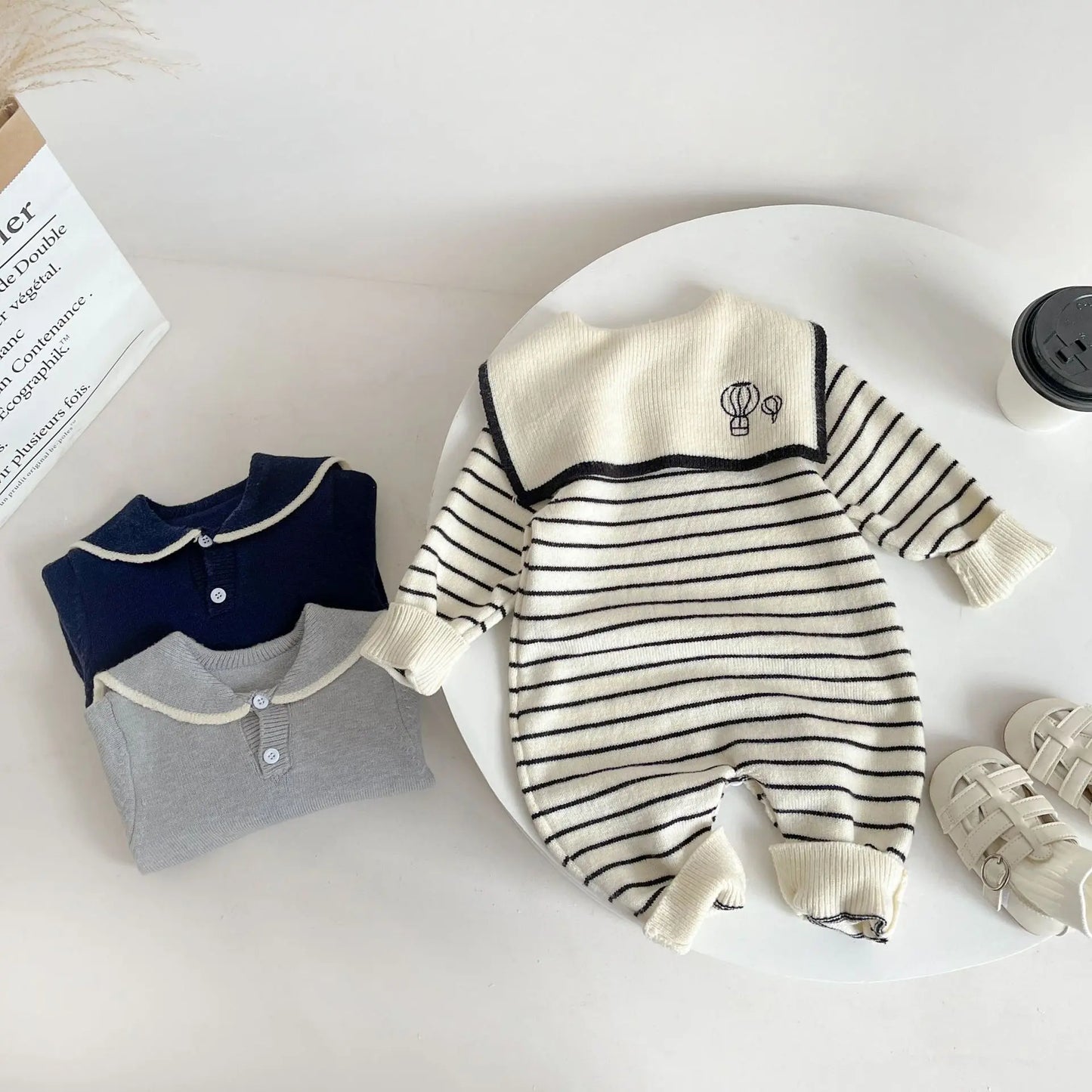 2025 Autumn New Baby Sailor Collar Long Sleeve Knitted Romper Infant Boy Girl Casual Striped Jumpsuit Newborn Toddler Clothes