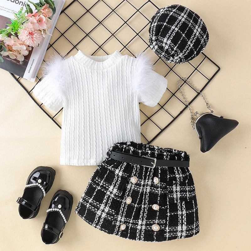 FOCUSNORM 0-4Y Fashion Kids Girls 3Pcs Clothes Sets Outfits Fur Short Sleeve Ribbed Tops + Plaid Belt Skirt + Hat