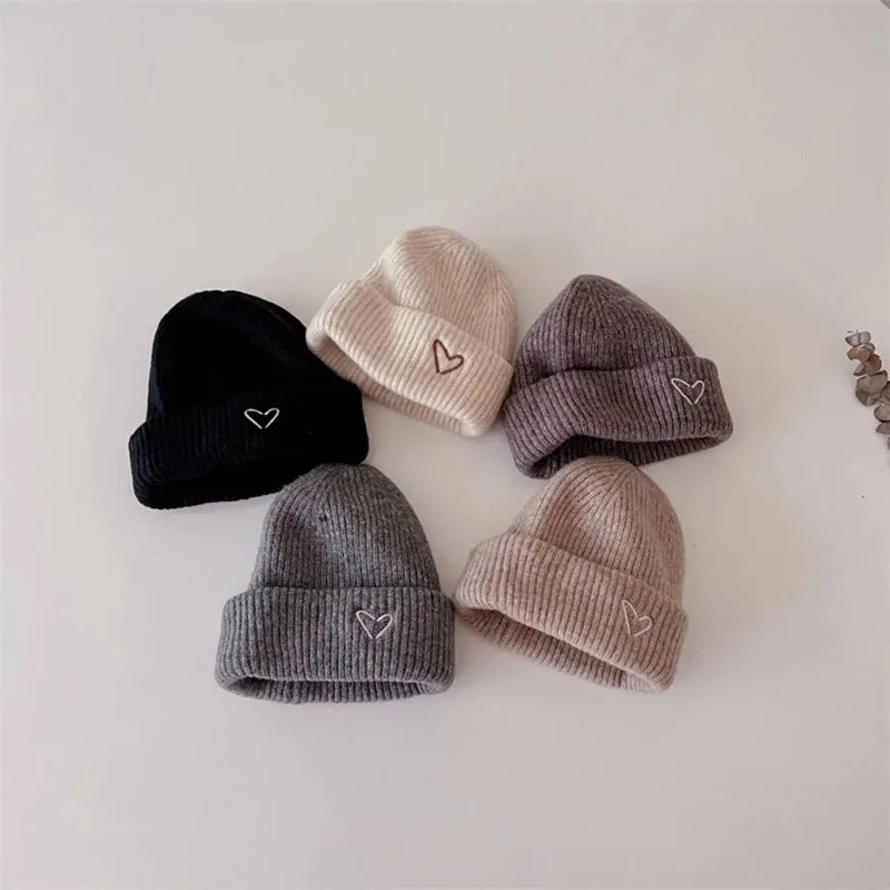 Solid Color Kids Knitted Hat Scarf Love Heart Embroidery Autumn Winter Warm Baby Beanie Outdoor Anti-cold Boys Girls Cap Scarves
