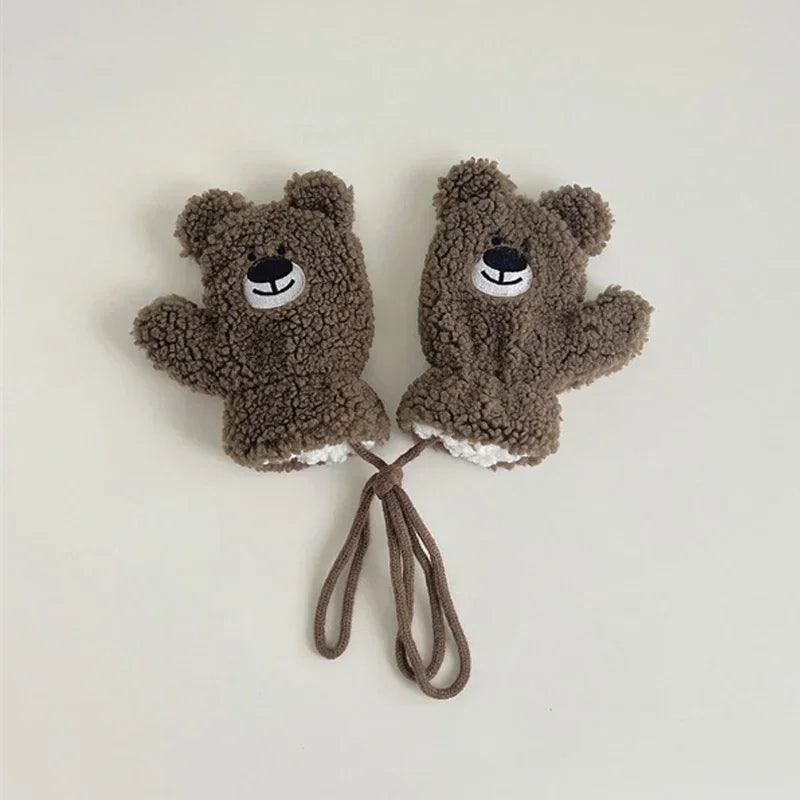 1-4Y Baby Cartoon Bear Label Mittens Winter Warm Kids Girls Gloves Soft Fur Children Toddler Thick Child Fleece Cartoon Mittens