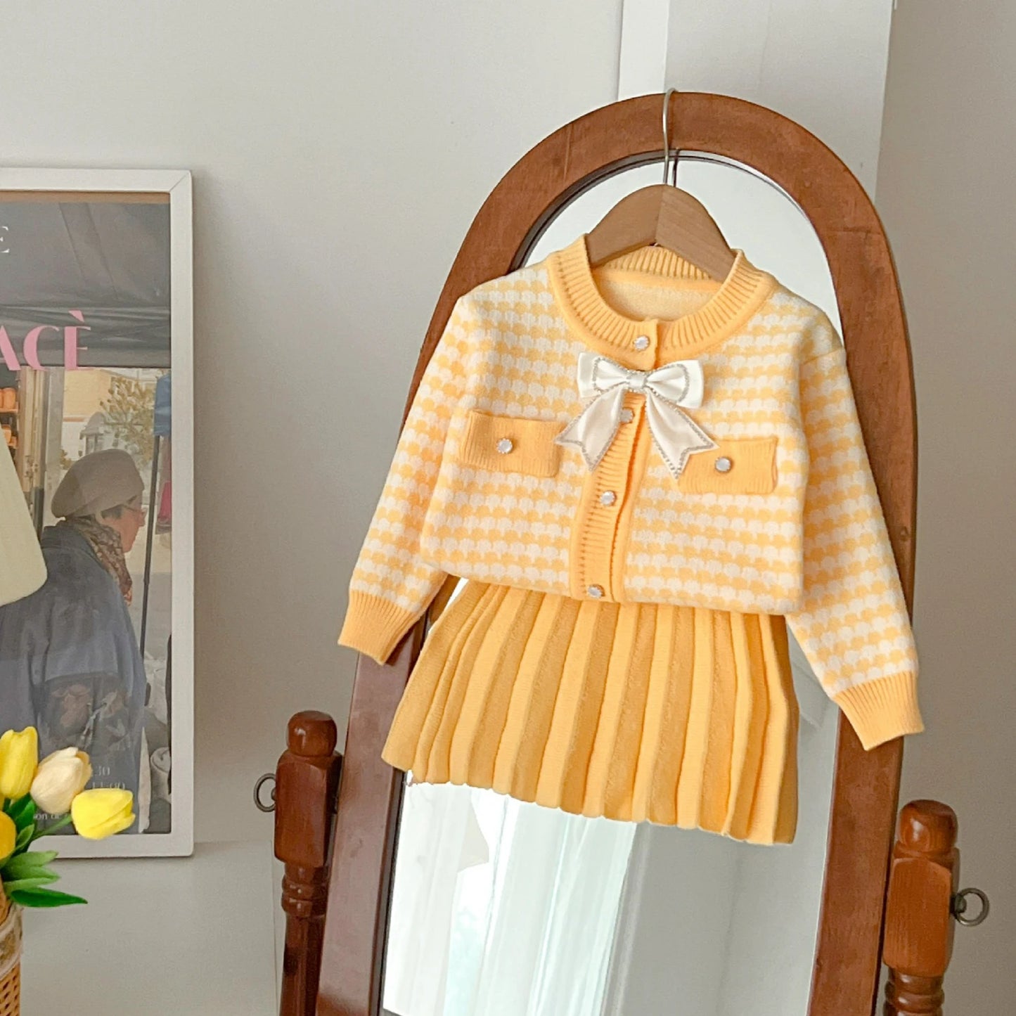 Autumn Campus Style Girls' Clothing Sets Sweet Sweater Cardigan Knitted Jacket +short Pleated Skirt Toddler Girl Clothes