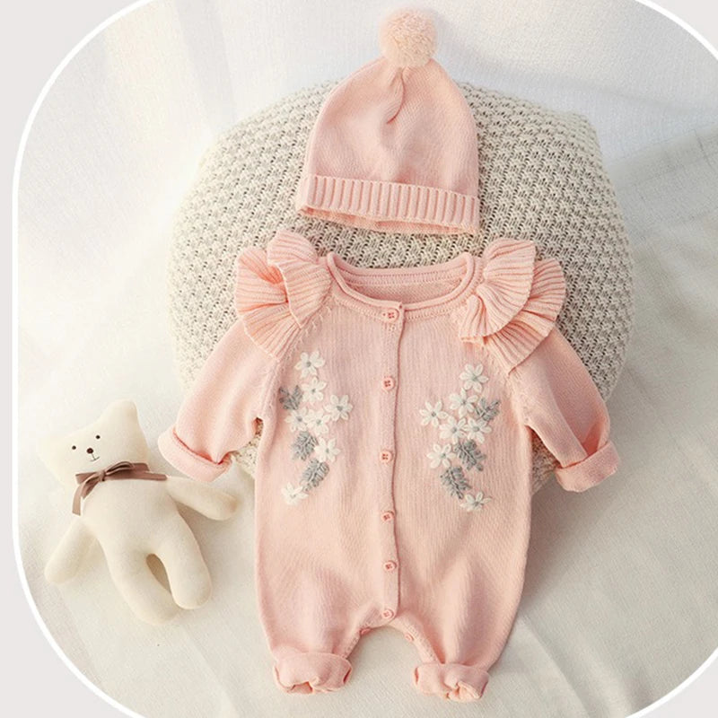 0-24M Baby Girl Rompers Knitted Kids New Spring Autumn Girl Embroidery Flower Rompers + Hat Baby Girl Newborn Rompers Clothes