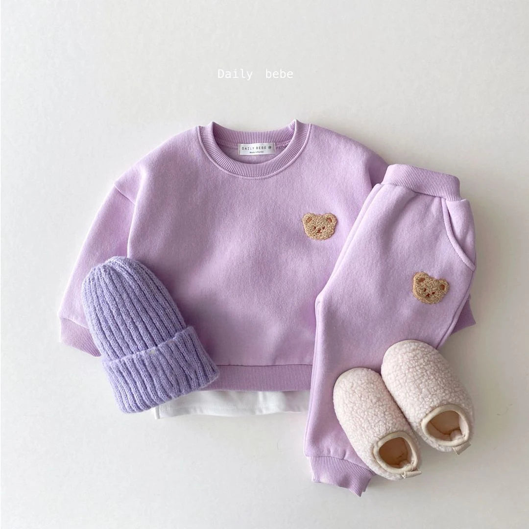 Winter Warm Velvet Newborn Set Baby Girls Clothese Little Bear Embroidery Sports Pullover Top+Pant 2Pcs Wool Lining Clothing