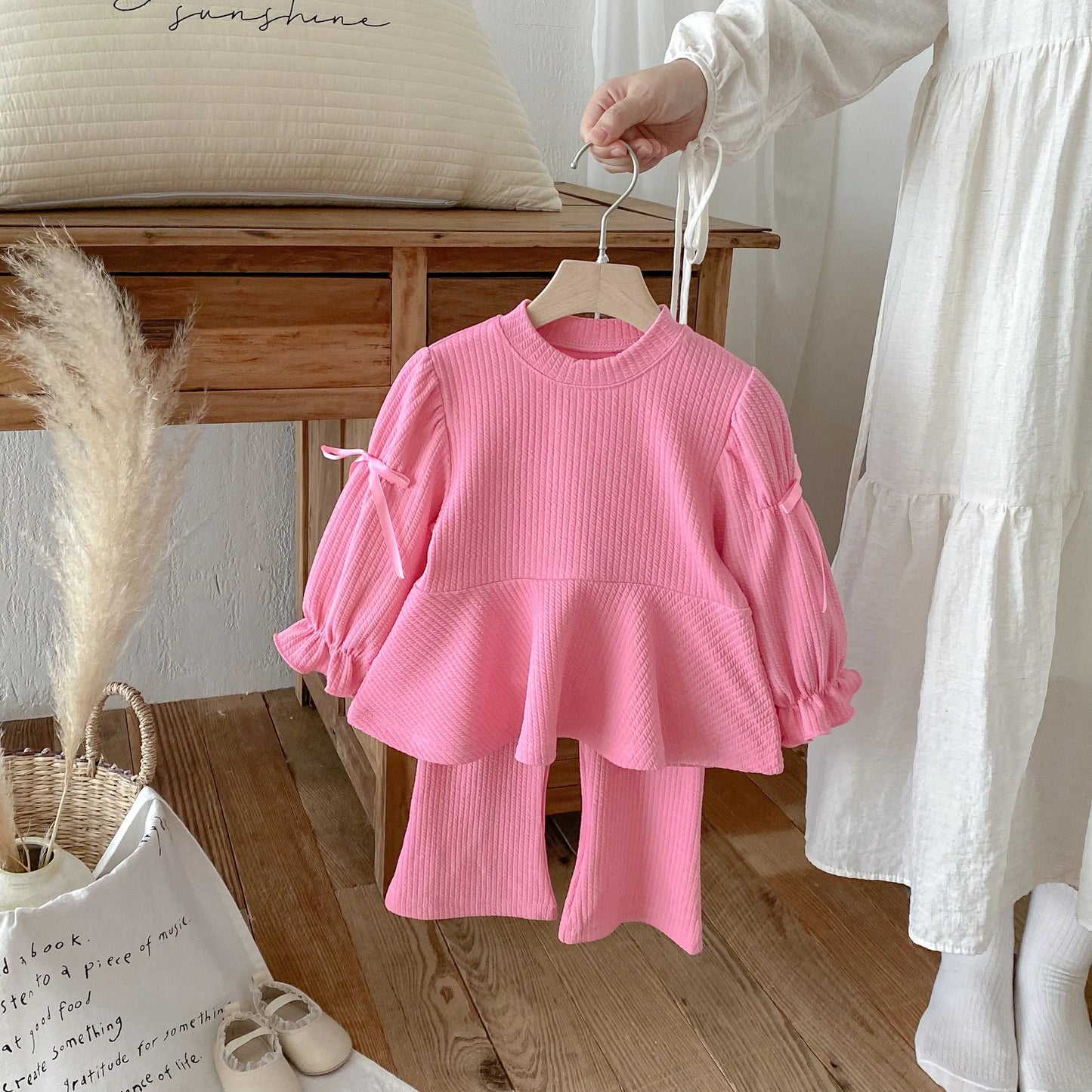 2025 Autumn New Children Long Sleeve Clothes Set Girls Cute Bow Loose Tops + Flared Trousers 2pcs Suit Cotton Kids Girls Outfits