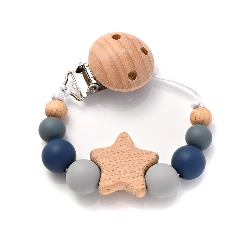 Baby Pacifier Chain Clips Wood Pentagram Teether Silicone Round Beads Teething Chain For Baby Care Soother Chew Toys Shower Gift