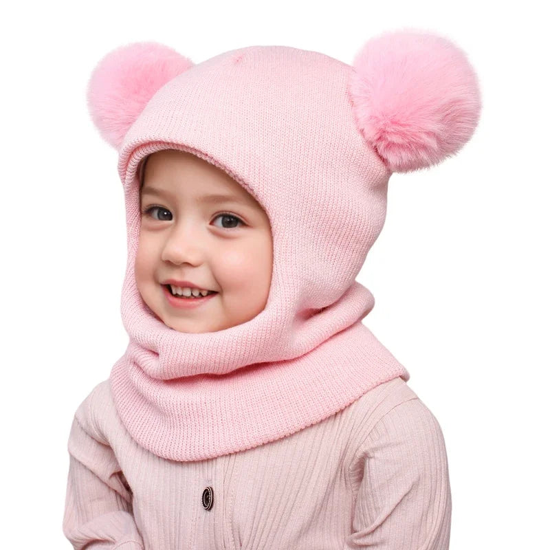One-Piece Baby Hat Scarf for Boys Cute Pompom Kids Knitted Beanie Winter Infant Girls Cap Ears Neck Warm Protection Bonnet 1-5Y