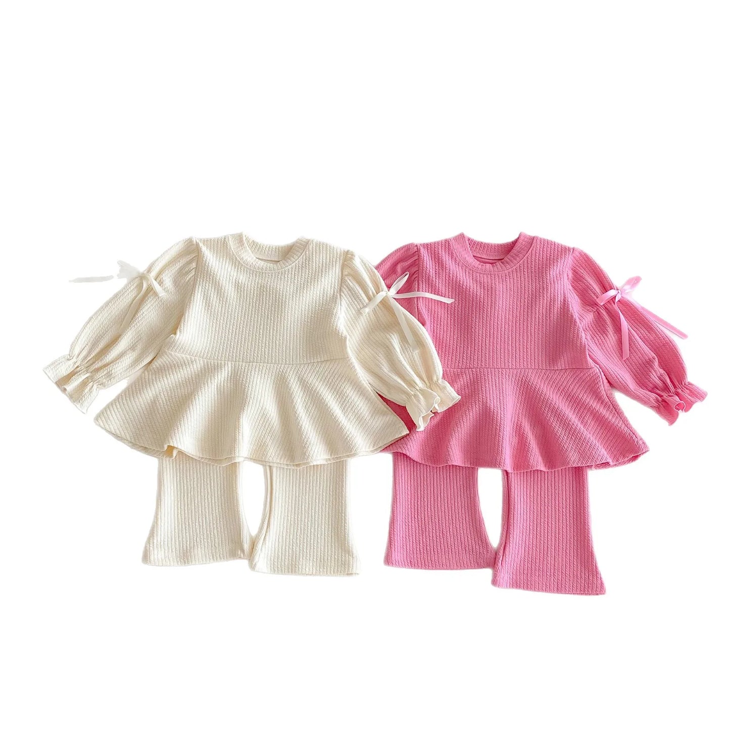 2025 Autumn New Children Long Sleeve Clothes Set Girls Cute Bow Loose Tops + Flared Trousers 2pcs Suit Cotton Kids Girls Outfits