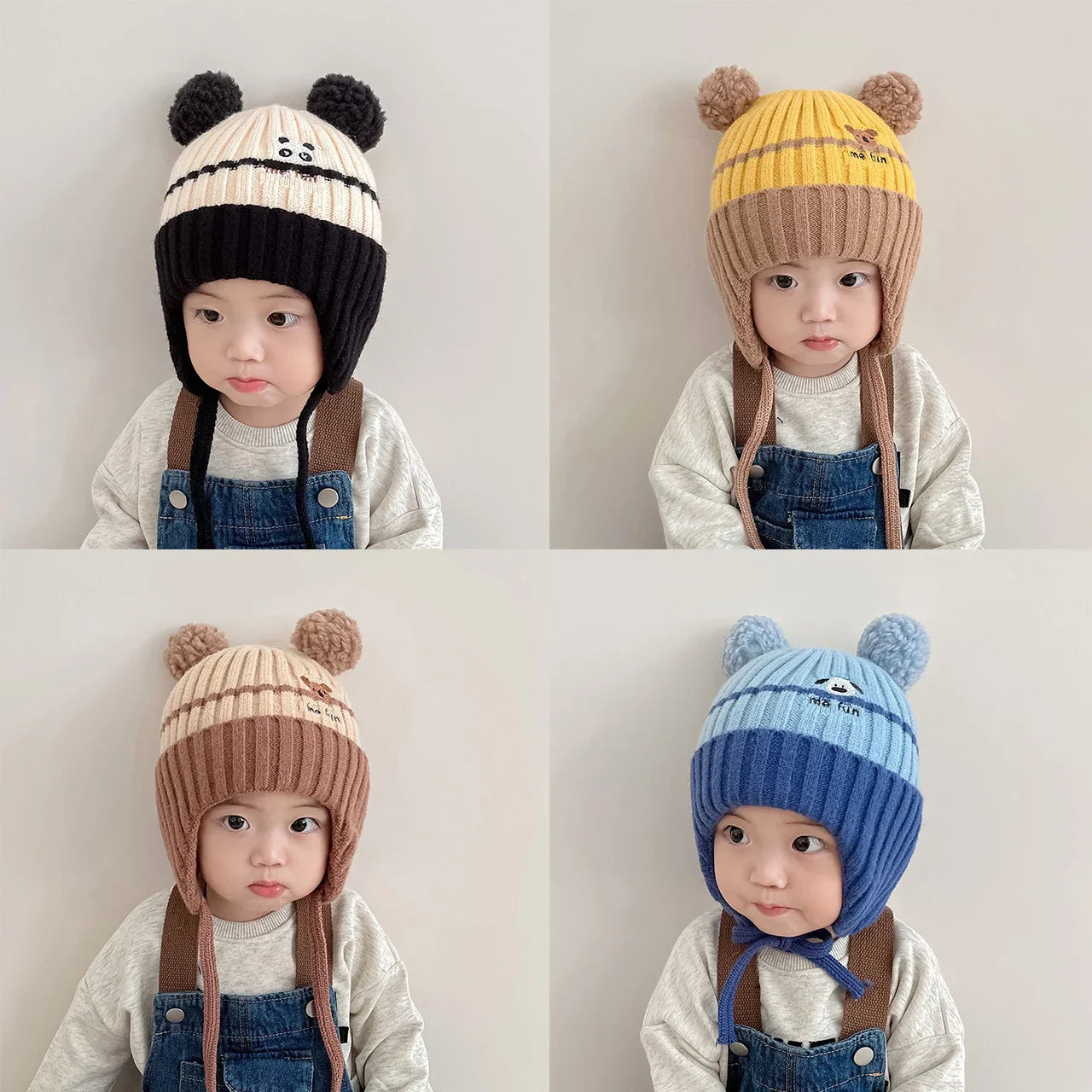 Winter Warm Knitted Baby Hat Cute Cartoon Animals Baby Boys Girls Cap Beanies Anti-cold Toddler Kids Lacing Hat