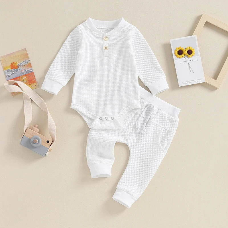 Pudcoco Infant Baby Girll Boy Waffle Jumpsuit Outfits Solid Color Long Sleeve Romper with Elastic Waist Pants 0-12M