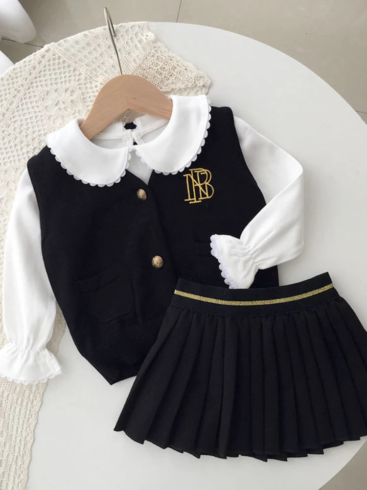 Spring New Baby Girls College Style Suit Fashion Children's Clothes Knitted Vests Skirts Underwear Shirt Kids Clothes Girls