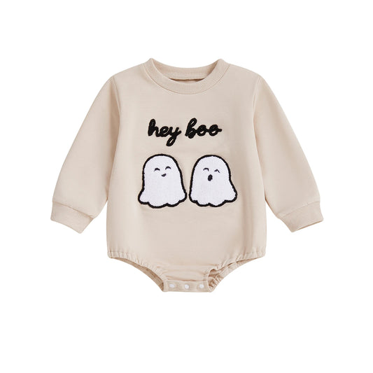 0-18M Newborn Baby Halloween Romper Letter Ghost Embroidered Crew Neck Long Sleeve Jumpsuit for Fall