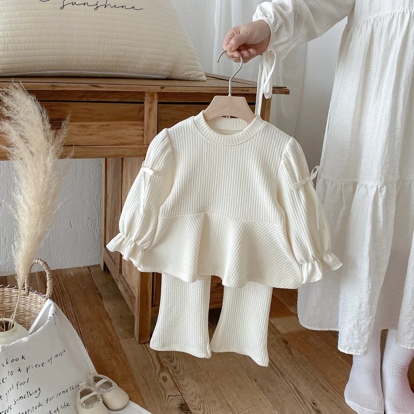 2025 Autumn New Children Long Sleeve Clothes Set Girls Cute Bow Loose Tops + Flared Trousers 2pcs Suit Cotton Kids Girls Outfits