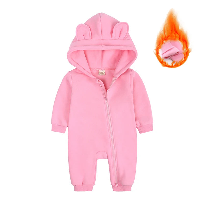2025 Infant Baby Boys Girls Print Romper Newborn Cotton Fleece Hooded Jumpsuit Toddler Warm Cute Bodysuit Costume For 0-24M