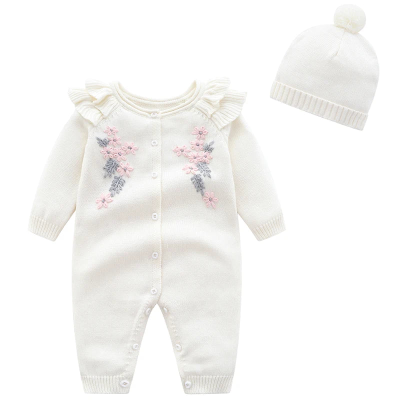 0-24M Baby Girl Rompers Knitted Kids New Spring Autumn Girl Embroidery Flower Rompers + Hat Baby Girl Newborn Rompers Clothes