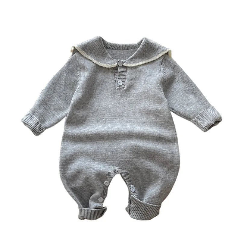 2025 Autumn New Baby Sailor Collar Long Sleeve Knitted Romper Infant Boy Girl Casual Striped Jumpsuit Newborn Toddler Clothes