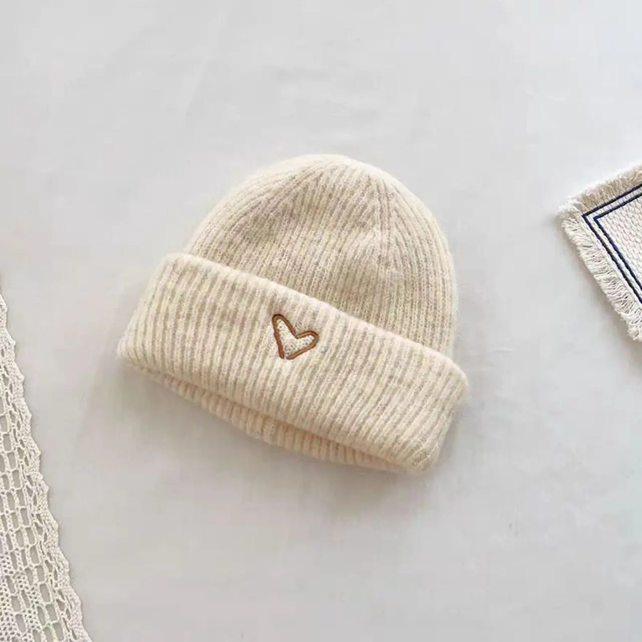 Solid Color Kids Knitted Hat Scarf Love Heart Embroidery Autumn Winter Warm Baby Beanie Outdoor Anti-cold Boys Girls Cap Scarves