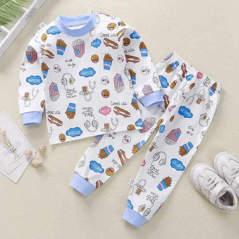 2024 New Kids Boys Girls Pajama Sets Cartoon Print Long Sleeve Cute T-Shirt Tops with Pants Toddler Baby Sleeping Clothing Sets