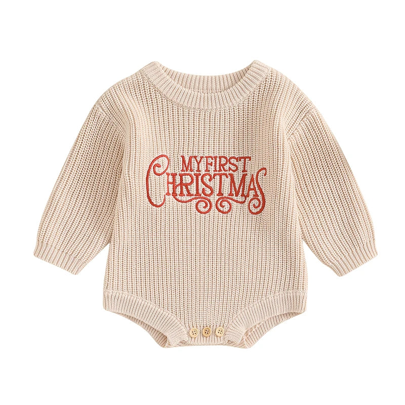FOCUSNORM 4 Color Autumn Winter Baby Boys Girls Christmas Sweater Romper Letter Embroidery Round Neck Long Sleeve Knit Jumpsuit