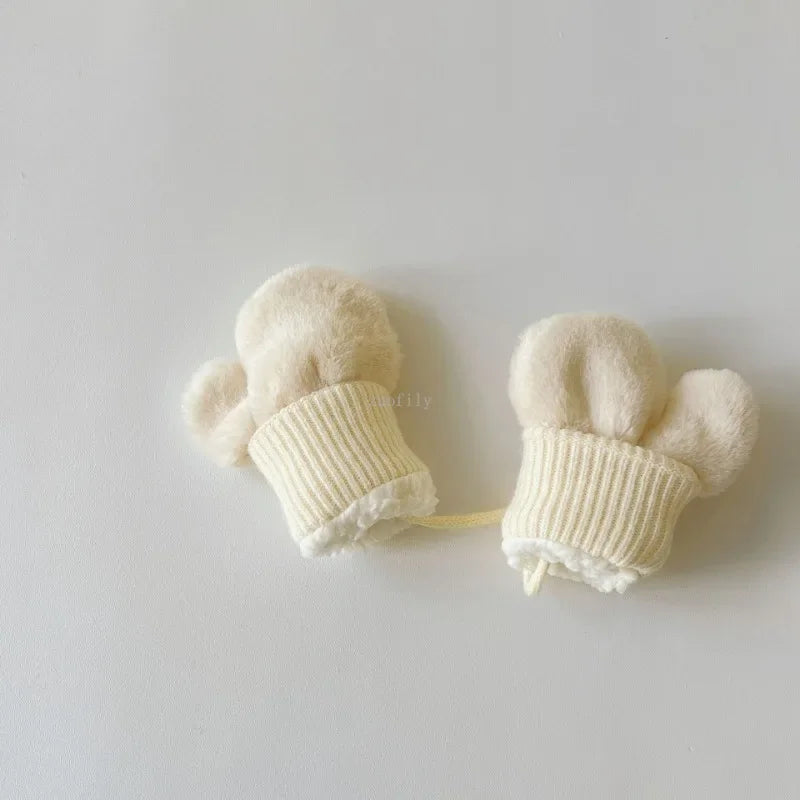 1-4Y Baby Cartoon Bear Label Mittens Winter Warm Kids Girls Gloves Soft Fur Children Toddler Thick Child Fleece Cartoon Mittens